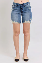 Button Fly Mid Length Denim Distressed Shorts Judy Blue